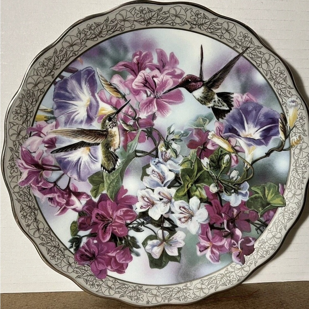 Floral Harmony Decorative Plate with Hummingbirds